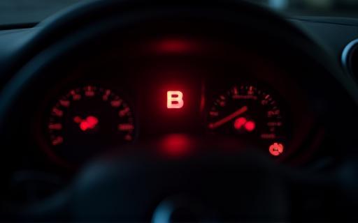 Dashboard showing an illuminated brake warning light, indicating a potential issue.
