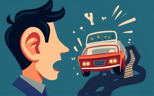 Stylized illustration of an ear next to a car engine, symbolizing the importance of listening to engine sounds.