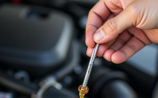Close-up of hands carefully checking the engine oil level using a dipstick.