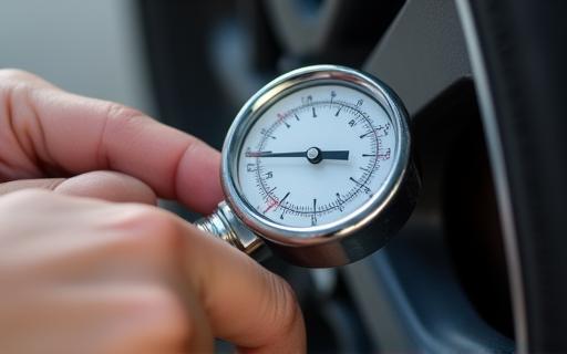Person using a tire pressure gauge to check air pressure in a car tire.